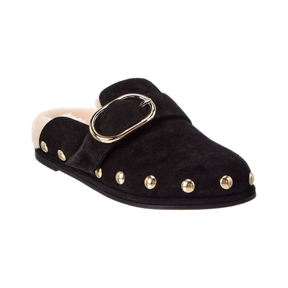 Stuart Weitzman Studded Suede & Shearling Mule, Black